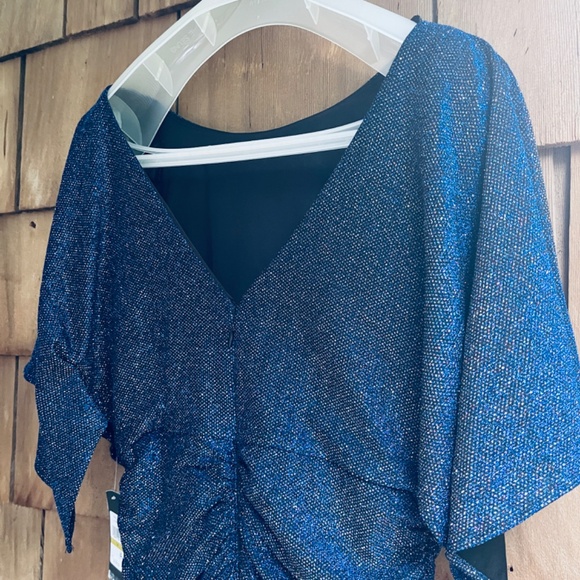 Jessica Howard Glittered Metallic Ruched Sheath Navy Flutter Sleeves Dress 14 - Picture 13 of 14